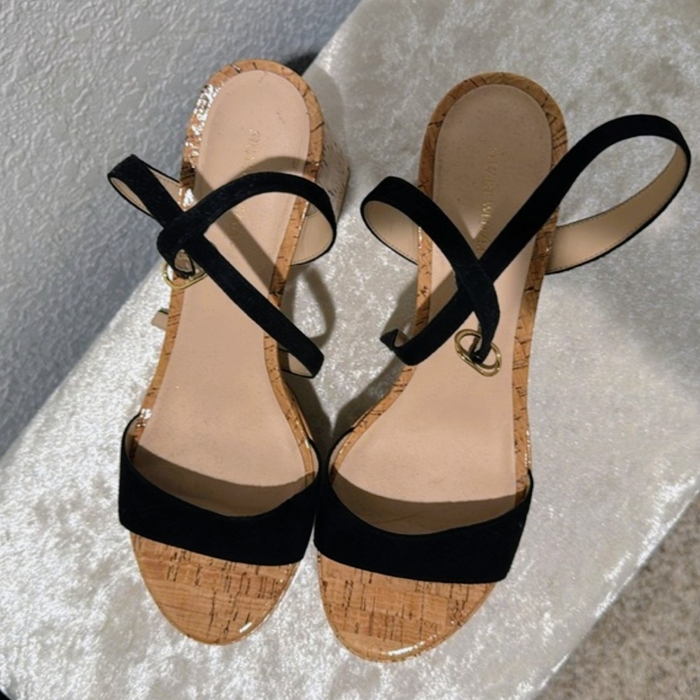 Stuart Weitzman Black Strappy Suede Leather Cork Platform Heel Sandals 10 Women